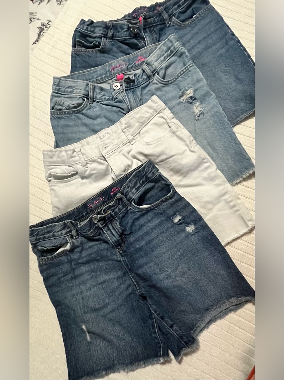 The Children's Place Girls' Denim Shorts 4 Pack - Dark Blue, Light Blue, White